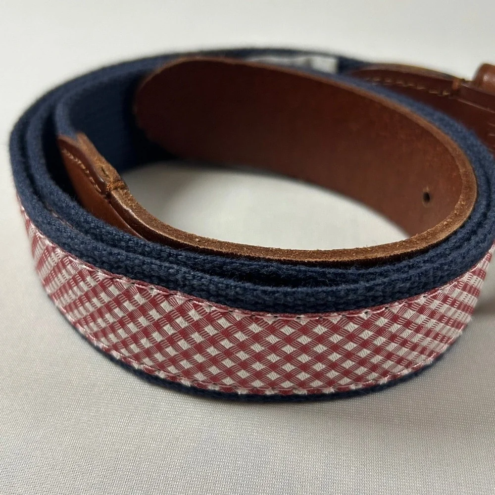 J.Crew Belt Mens 36 Blue Red Gingham Checkered Canvas Leather Trim Preppy